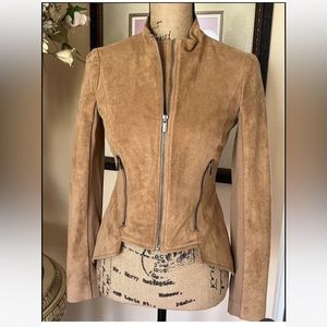 BCBGMaxAzria Faux Suede Asymmetrical Zip Up Moto Jacket Size L Camel Tan Blazer